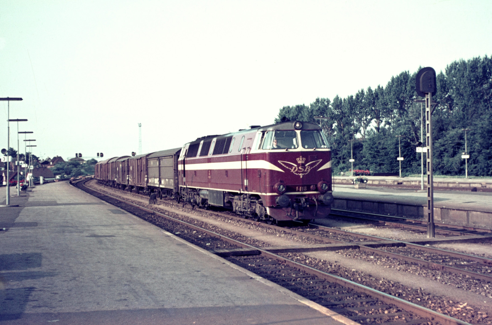 Diesellocomotief MZ 1418 van de Deense spoorwegmaatschappij DSB rijdt met een goederentrein door Fredericia; 22 juli 1972. Foto: John Krijgsman.